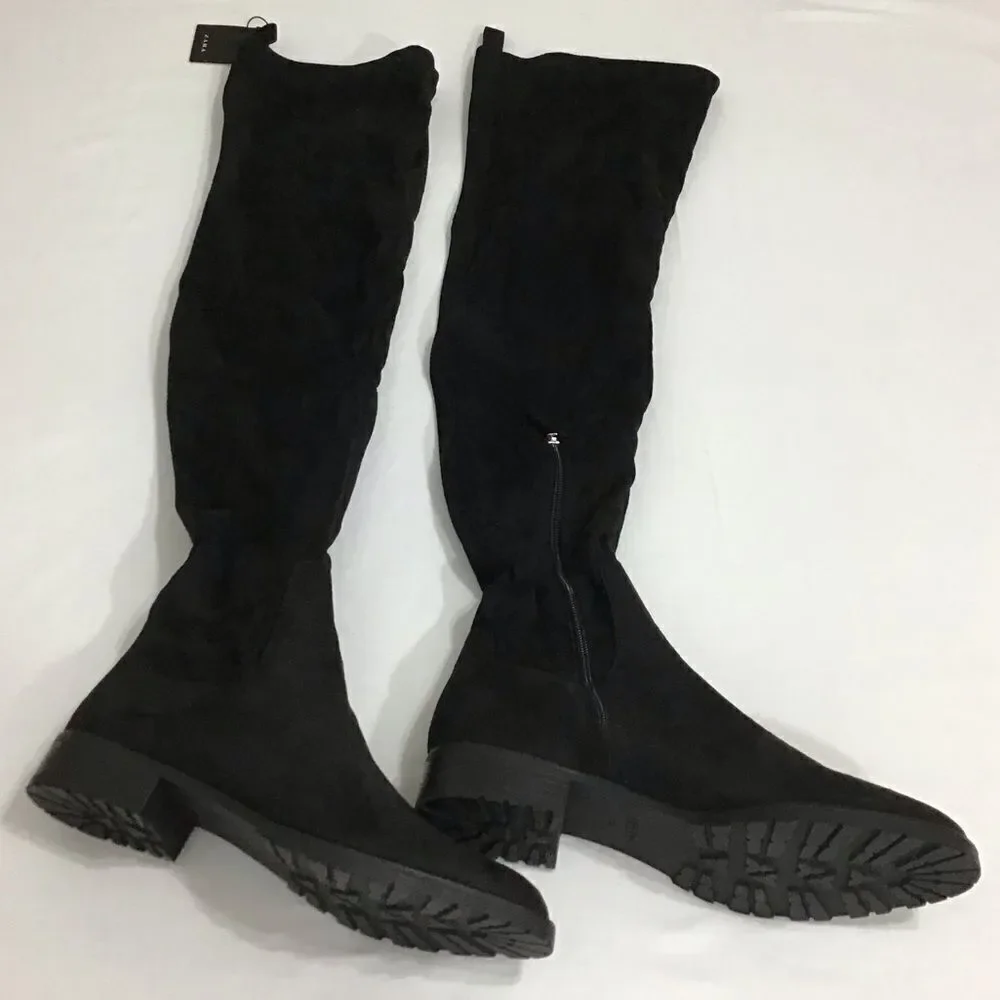 ZARA Black Faux Suede Fur Lined Low Heel Over The Knee Boot Size 40